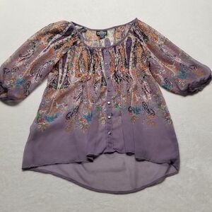 Angie Small Sheer Top Blouse Purple Paisley Boho Business Casual Peasant